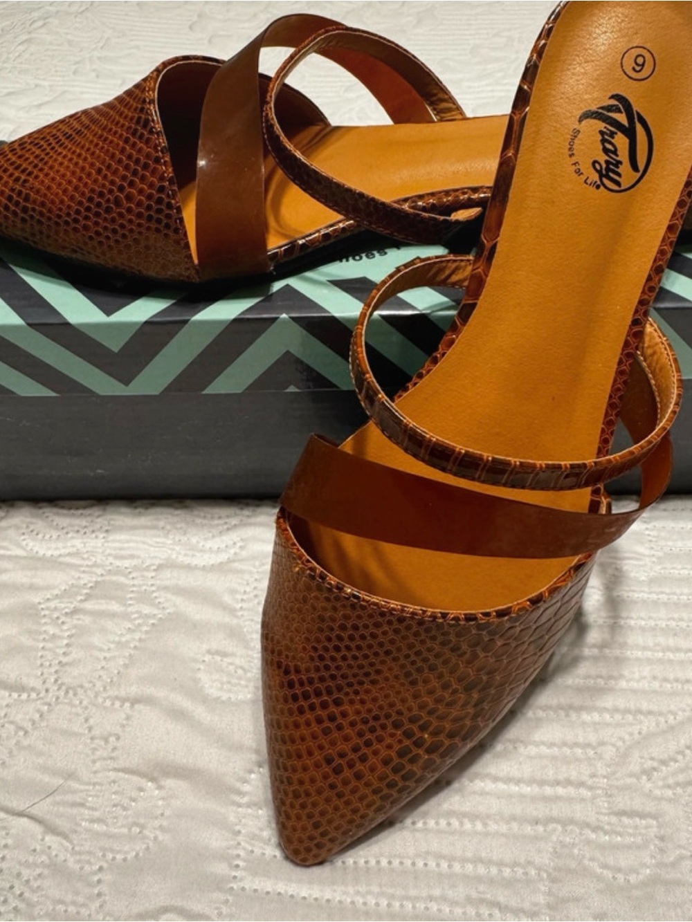 Trary Brown Snake-Textured Pointed-Toe Women’s Mules